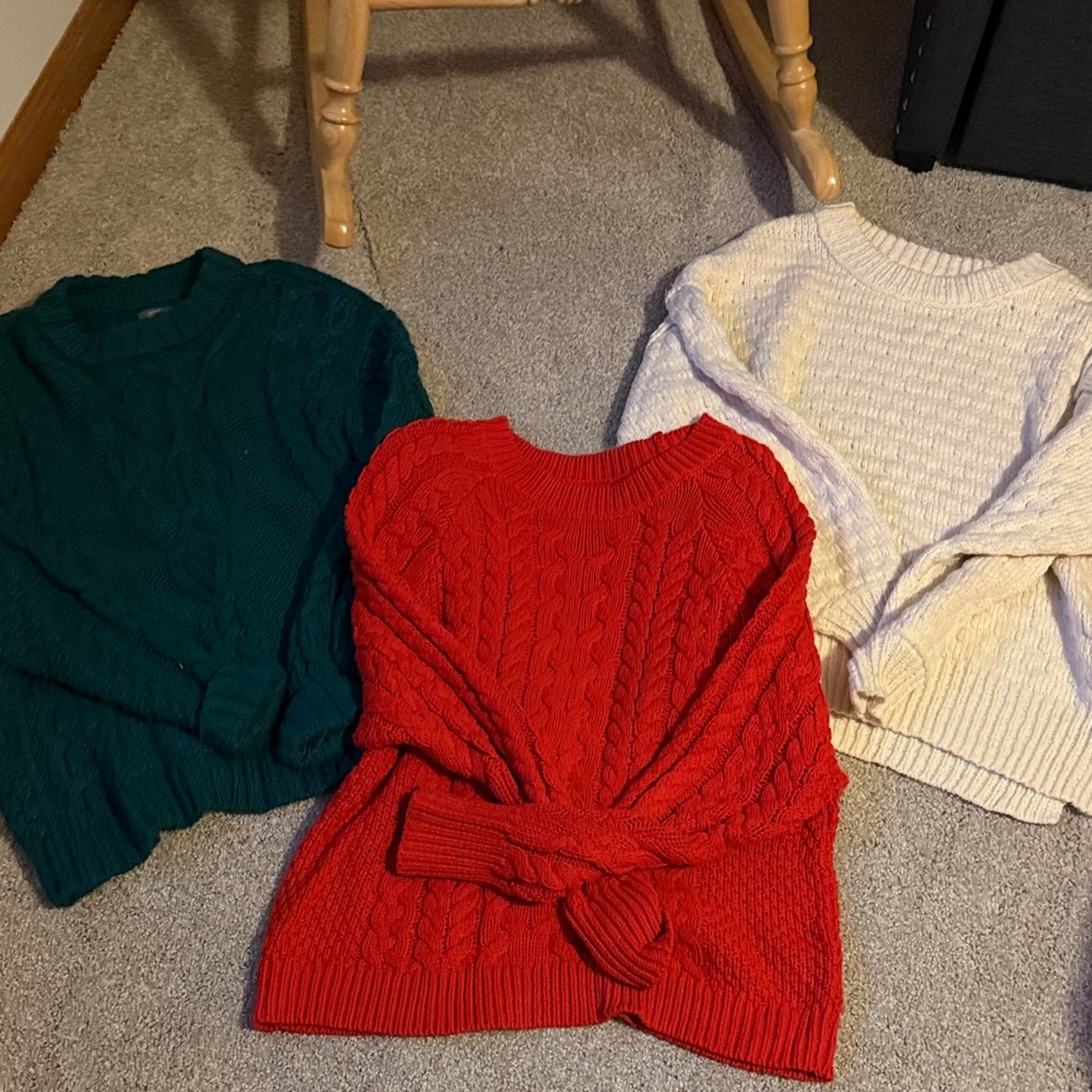 Aerie Cozy Cable Knit Sweater Trio - Red, Green, Cream